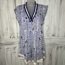 POUPETTE ST BARTH BLUE FLORAL CROCHET SASHA PLEATED FLUTTER SLEEVE MINI DRESS XS