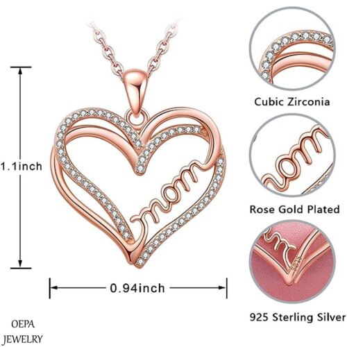 925 Sterling Silver Heart Necklace for Mom Rose Gold Plated Heart Necklace - Picture 4 of 6