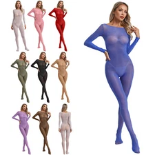 Womens See Through Jumpsuit  Full-body Long Sleeve  Nightwear Glossy Bodysuits