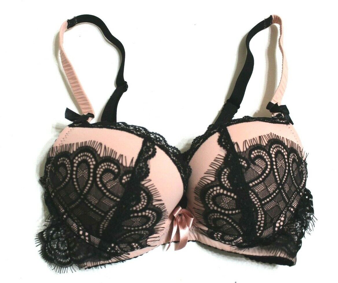 Black Pink Blush lace underwire push-up Bra- satin bow detail - Size 28B