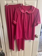 VNT Silky Women  s Hot Pink 2-Piece PJ Pajama Set Pants Shirt Med 70s 80s Mod