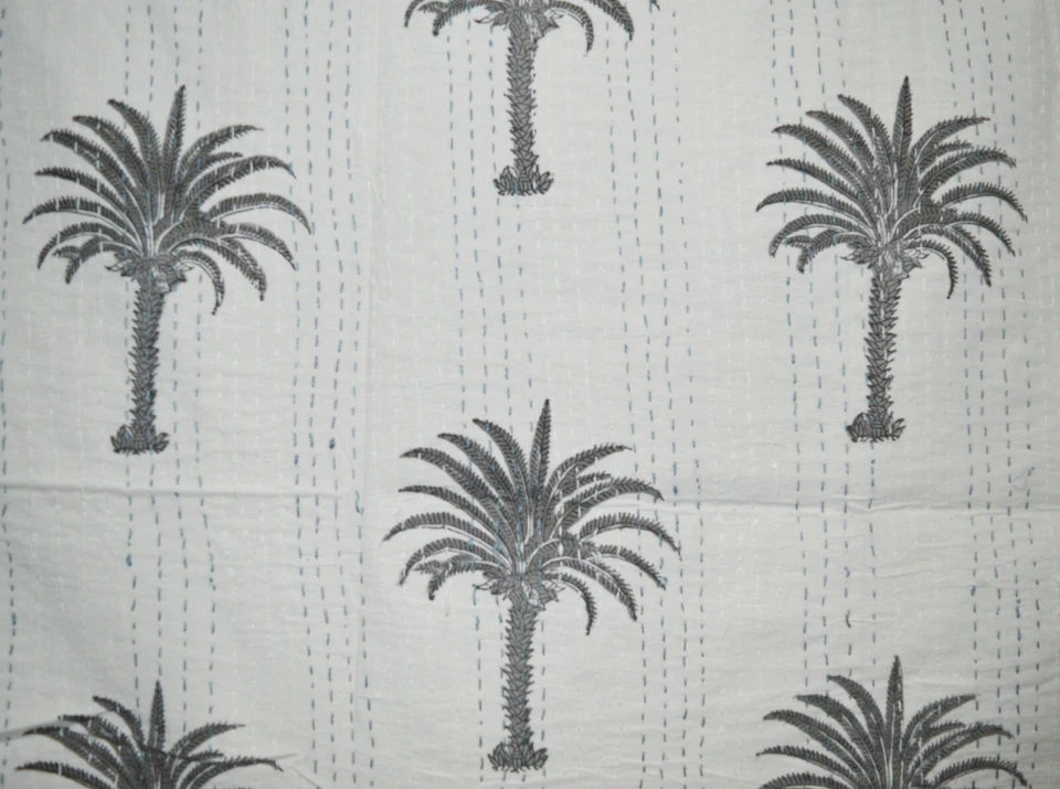 Colcha manta edredón Kantha de algodón reina palmera hecha a mano india  Foto 2 de 4
