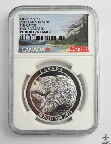 2015 Canada GRIZZLY BEAR The Catch .9999 Silver 1oz Coin NGC PF70 Ultra Cameo
