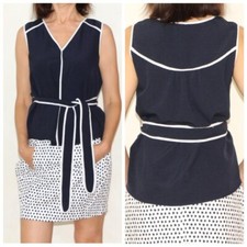Navy blue sleeveless top with white lines, Vintage V neck tank top, Woman shirt