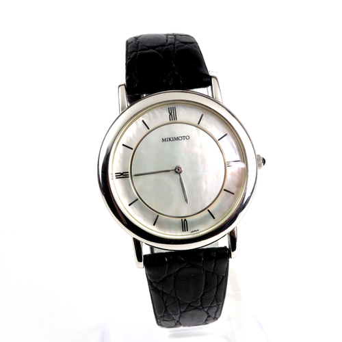 Mikimoto Pearl Dial Quartz Men's Watch PT Plated 32mm w/Original Leather Belt