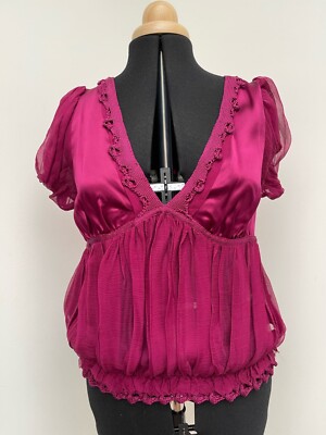 MaxStudio Women Magenta Silk VNeck Blouse - Size L 