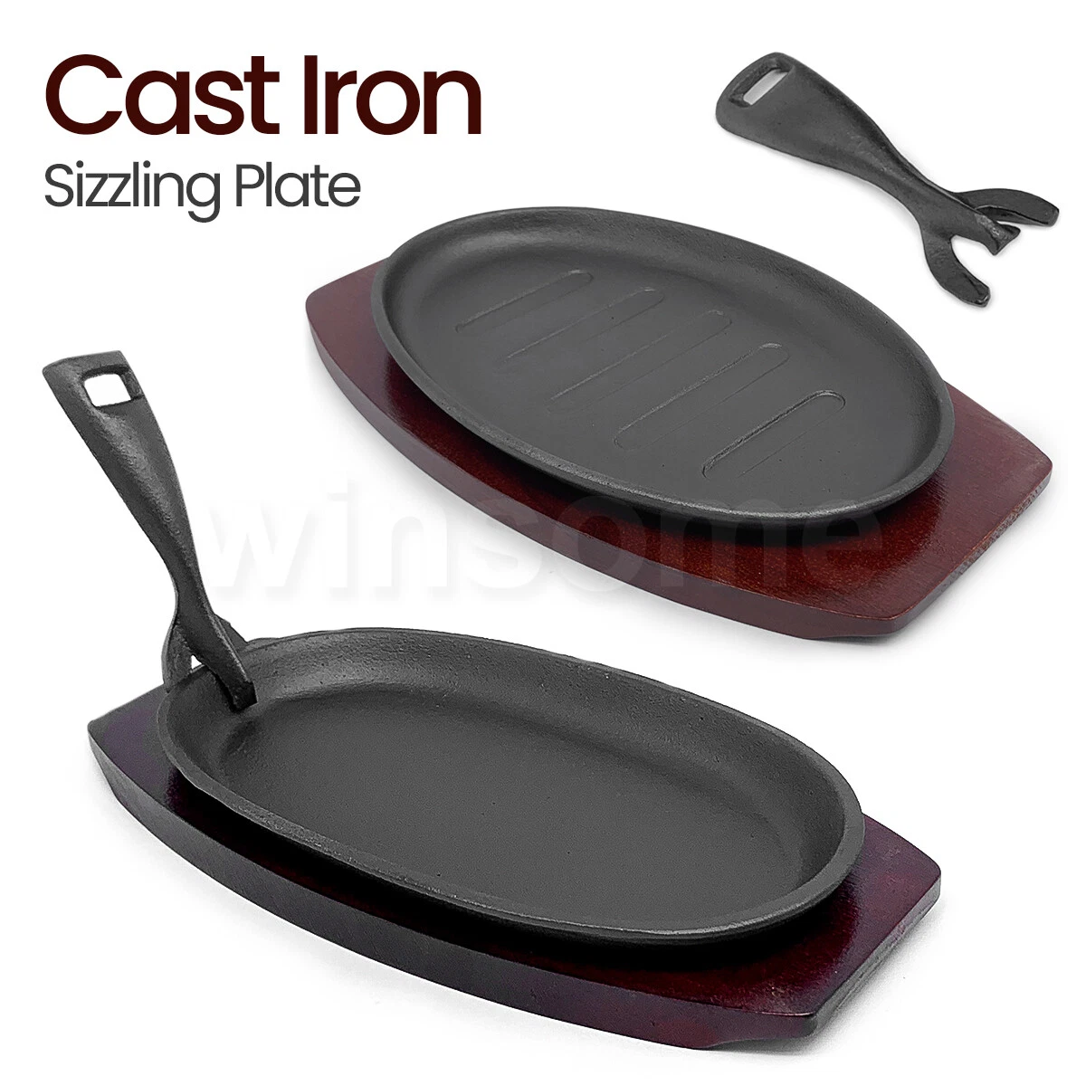 Cast Iron Sizzler Hot Serving Steak Plate Pan Grill Platter Dish and Wooden  Tray