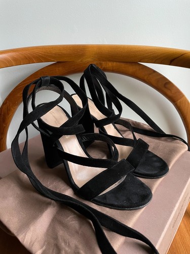 $595 GIANVITO ROSSI Black Suede Janis High Wrap Sandals Heels 36 6 5.5 w/ Box - 第 3/6 張圖片