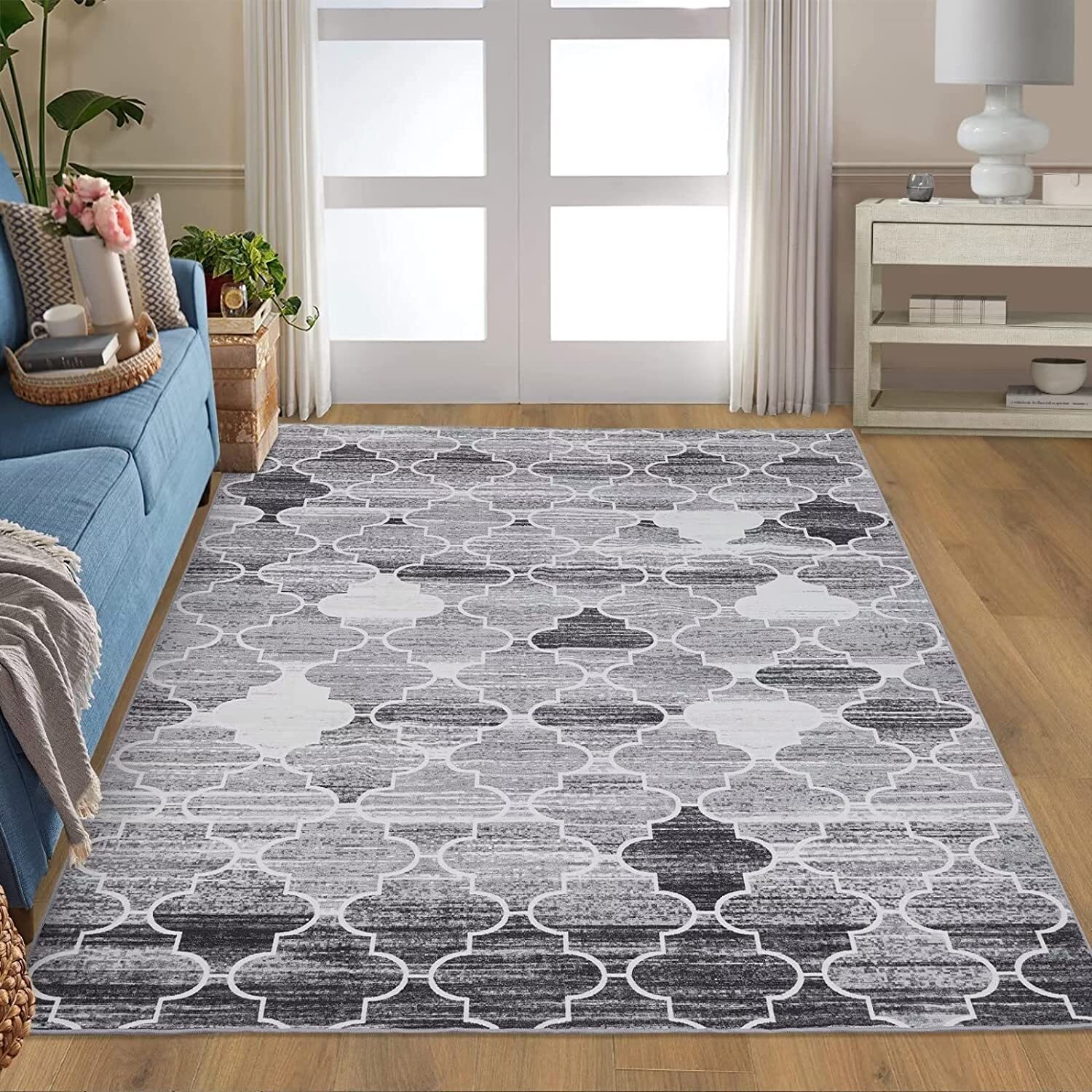 Navy Blue Grey Lattice Area Rug 5' x 7' Trellis Contemporary Moroccan