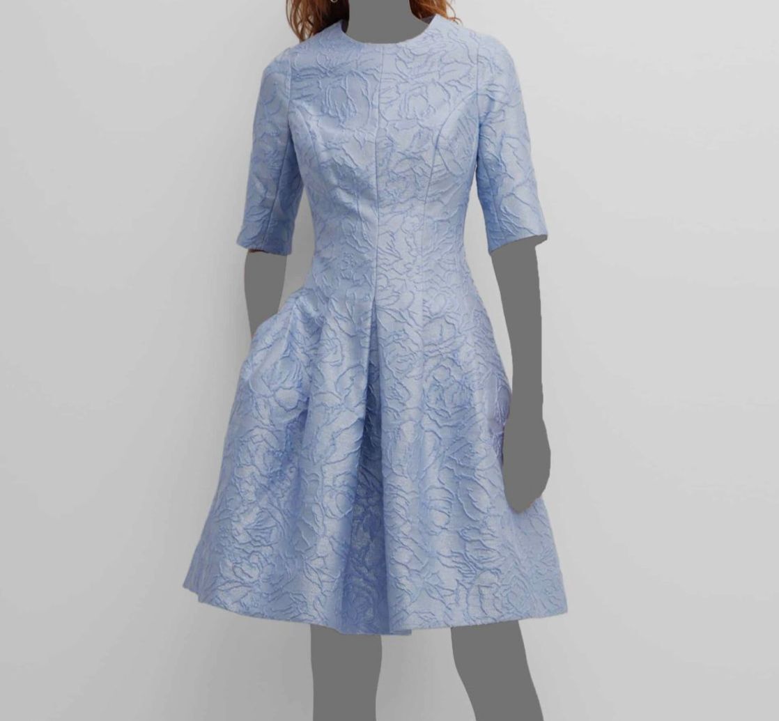 Rickie Freeman For Teri Jon Pleated 3/4-Sleeve Metallic Jacquard Midi Dress, Blue, Women's, 2, 3/4 & Elbow-Sleeve Dresses