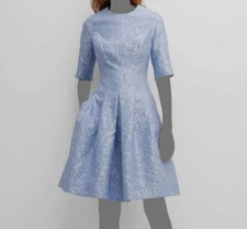 $510 Rickie Freeman for Teri Jon Women's Blue Jacquard Pleated Midi Dress Size 2