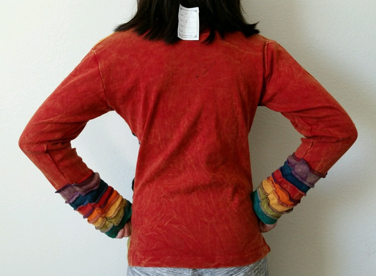 Top Patchwork Floral Multicolore Fait Main Au Népal - 100% Coton - Manches Longues - Taille S - Style Bohème