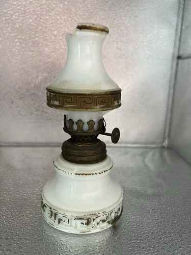 Circa 1900 White Opaque Milk Glass 'Greek Key' Miniature Kerosene Oil Lamp. READ