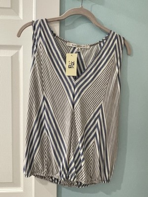 NWT Max Studio Womens Sleeveless V Neck Blouse Blue Gray White Striped Size S