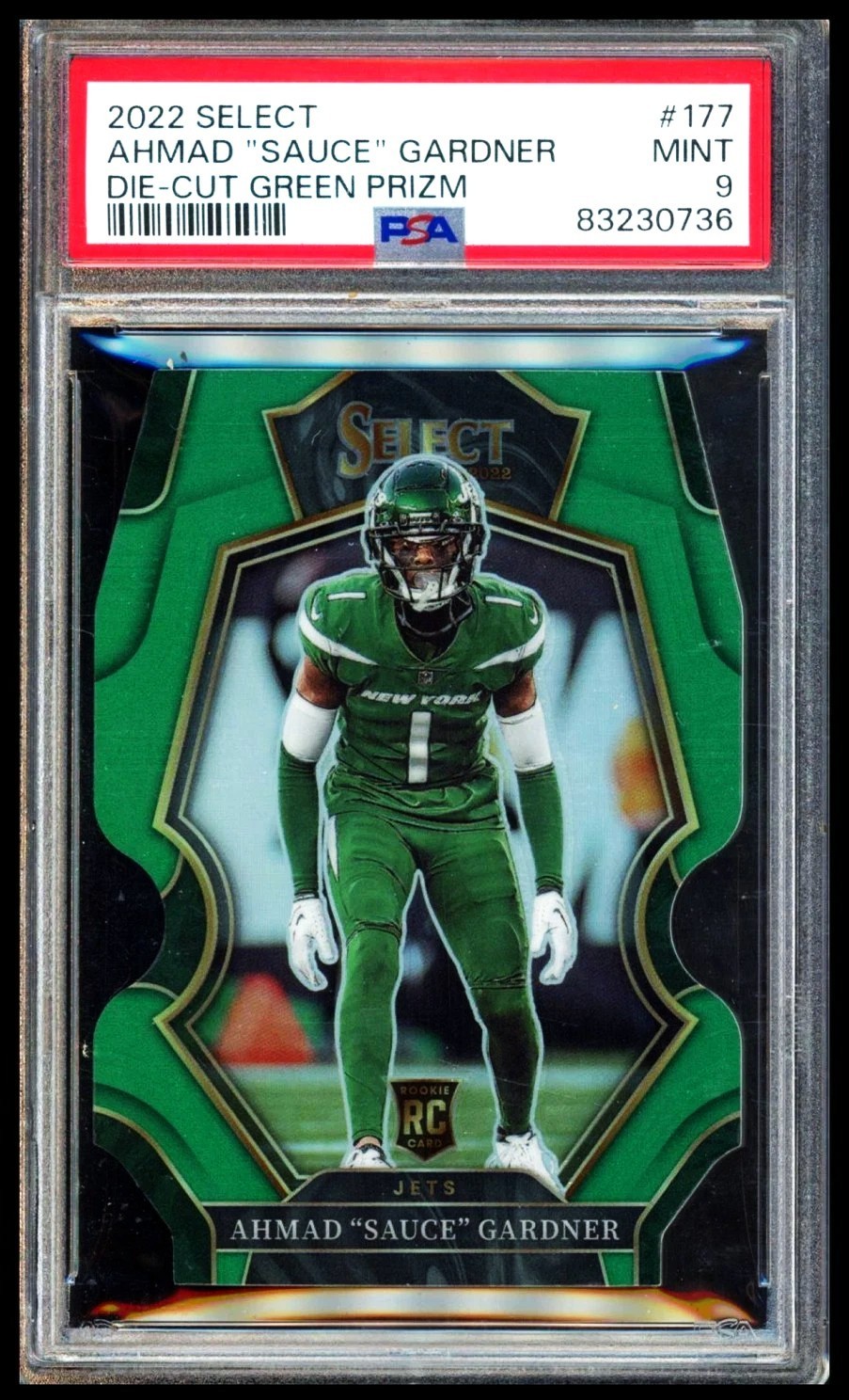 2022 PANINI SELECT AHMAD SAUCE GARDNER RC #177 DIE-CUT GREEN PRIZM #ED 5/5 PSA 9