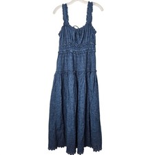 GAP DOEN Eyelet Tiered Midi Dress Chambray Blue Cotton Embroidered Boho Summer M