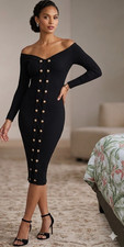 Fashion Nova Black Off Shoulder Ribbed Knit Button Bodycon Midi Dress M