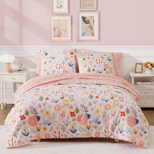 7-Piece Pink Floral Queen Comforter Set for Girls, All Seasons Bedding Set
