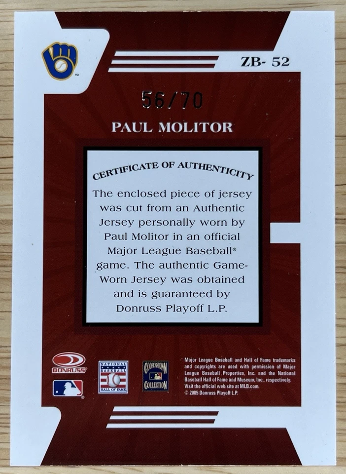 Paul Molitor 2005 Donruss Zenith 3 cores jogo usado patch /70 HOF Brewers ZB-52 - Imagem 2 de 2