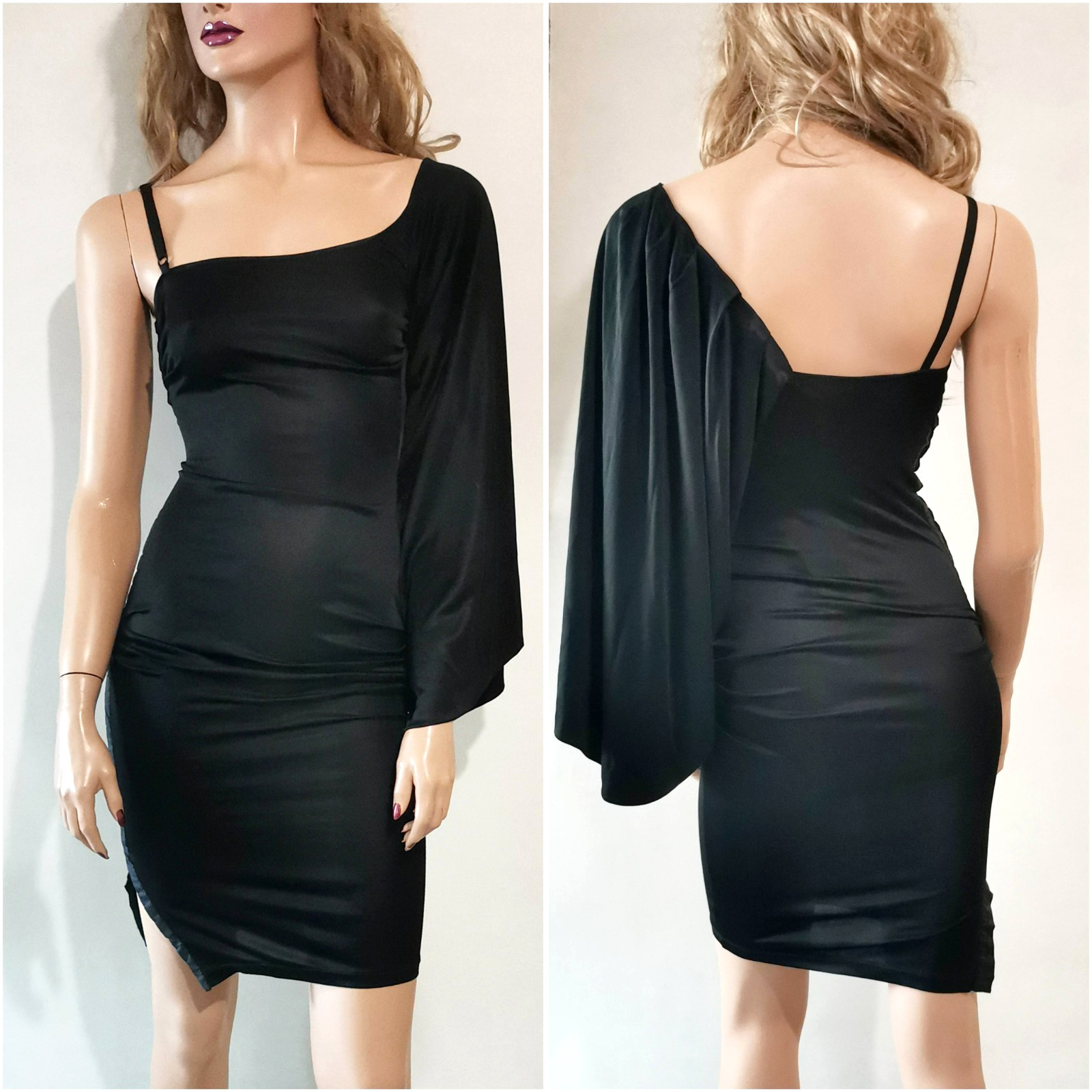 🆓US🛃vintage D&G Dolce&Gabbana asymmetrical with 1 sleeve black Dress IT 38 XXS