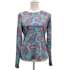 Lands End Rash Guard Women's Small 6-8 Turquoise Paisley Long Sleeve Swim Shirt