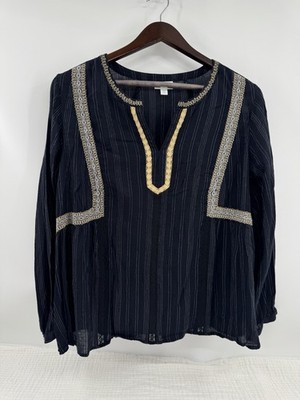 J Jill Popover Boho Top Black Gold Silver V-Neck  Boxy Lightweight Flowy Size 2x