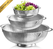 Stainless Steel Colander - Set of 3 Strainer with Handles for Kitchen, Heavy Dut