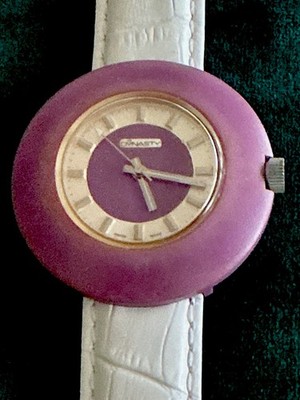 1970s Dynasty Swiss Modernist Watch Large Face Purple Bezel & Two Tone Dial