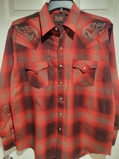 PLAINS Western Wear Mens Large Red Long Sleeve Pearl Snap Shirt Embroidered