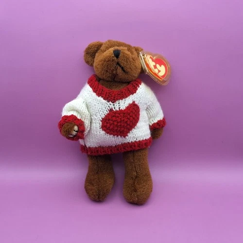 TY Attic Treasures Brown Teddy Bear w/Sweater  Red Heart Casanova  1993 Vintage