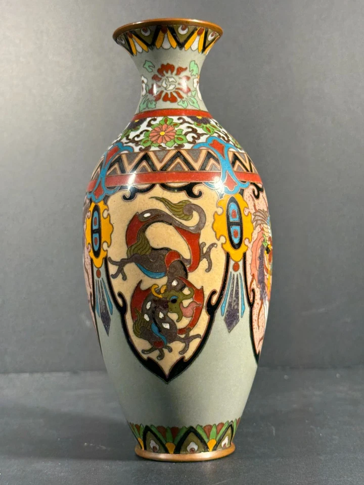 "JARRÓN JAPONÉS MEIJI CLOISONNE 7,25"" ESCUDO DE FÉNIX Y DRAGÓN" Foto 2 de 4