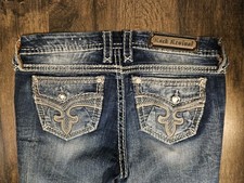 Rock Revival Rima Boot Jeans Distressed Dark Wash Rhinestones Women s Size 31