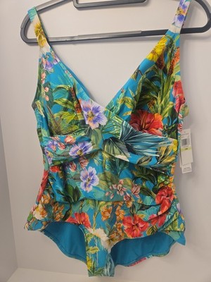 Jantzen Women's Tropical Floral One Piece Swimsuit Blue Multicolor 8