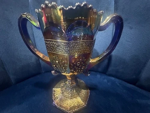 ANTIQUE FENTON COBALT BLUE CARNIVAL GLASS ORANGE TREE Chalice 6 in tall