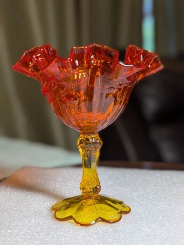 Fenton Vintage Amberina Cabbage Rose Ruffle Compote Red Orange Yellow Glass Dish