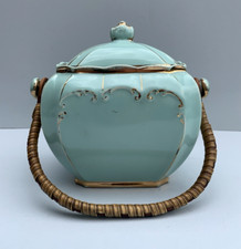 Antique Sadler Cube Biscuit Barrel Duck Egg Gold Trim Original Cane Handle