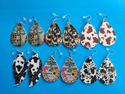 Mix of 6 Pairs Of Country Pattern Earrings Teardrop Cow Print Crosses Sunflower