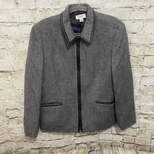 Talbots Womens Size 14 Black White Herringbone Wool Zip Up Blazer Jacket Z8