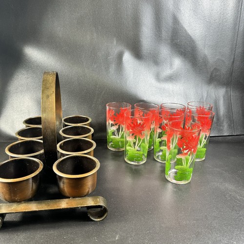 Vtg Federal Glass Glassware 8 Juice Cups & Metal Cup Caddy Red Flower Floral 8oz - Picture 7 of 15