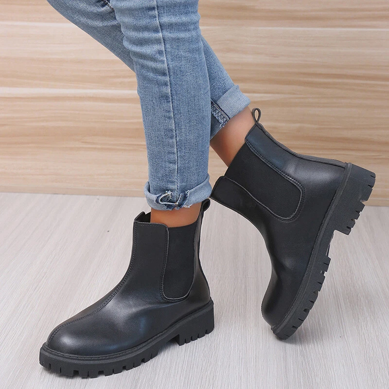 Women Punk Chelsea Boots Chunky Low Heel Faux Leather Combat Ankle Boots Shoes