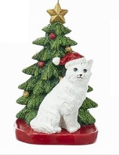 Kurt Adler WHITE CAT with Tree on Base Christmas Ornament--Personalizable