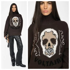 🎁NEW Women Zadig&Voltaire Skull Handmade Wool High Neck Knitted Sweater Top SML