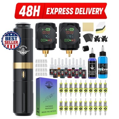 Wireless Tattoo Machine Kit Tuffking 2 Batteries Ink Needles Beginner Set