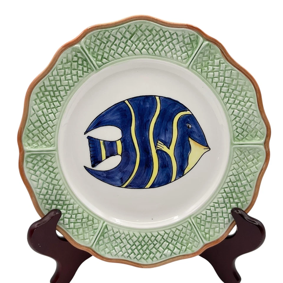 Juego de 4 platos de ensalada de pescado escala palma Vietri Oasi Italia 8" pintados a mano años 90 Foto 4 de 4