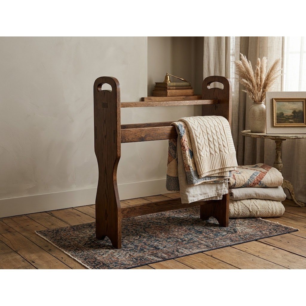 Vintage Style Solid Oak Wood Quilt Rack Blanket Stand Dark Brown Handcrafted