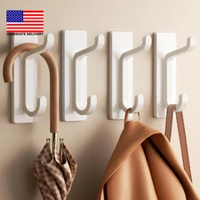 Wall Hooks for Coat and Towel: 13LB Adhesive Door Hanger Stick On, White 4 Pack 