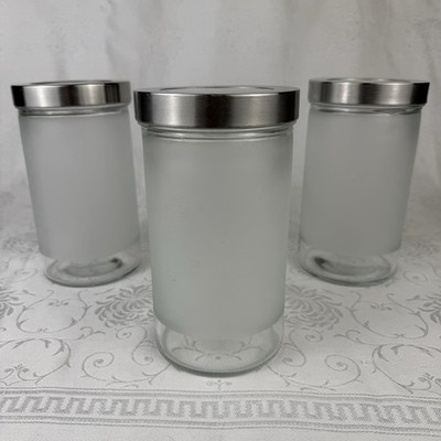 IKEA Droppar Canisters Lot Of 3 (3) Discontinued Frosted Glass Jars 7x4 in *read