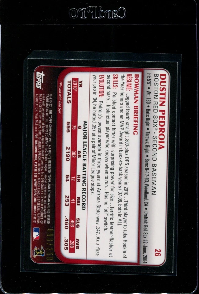 2011 BOWMAN ORANGE #26 DUSTIN PEDROIA /250 NMMT *366021 - Image 2 of 2