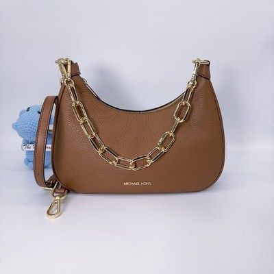 MICHAEL KORS CORA Lg Zip Pouchette Luggage Brown Gold Chain Pebbled Leather Bag