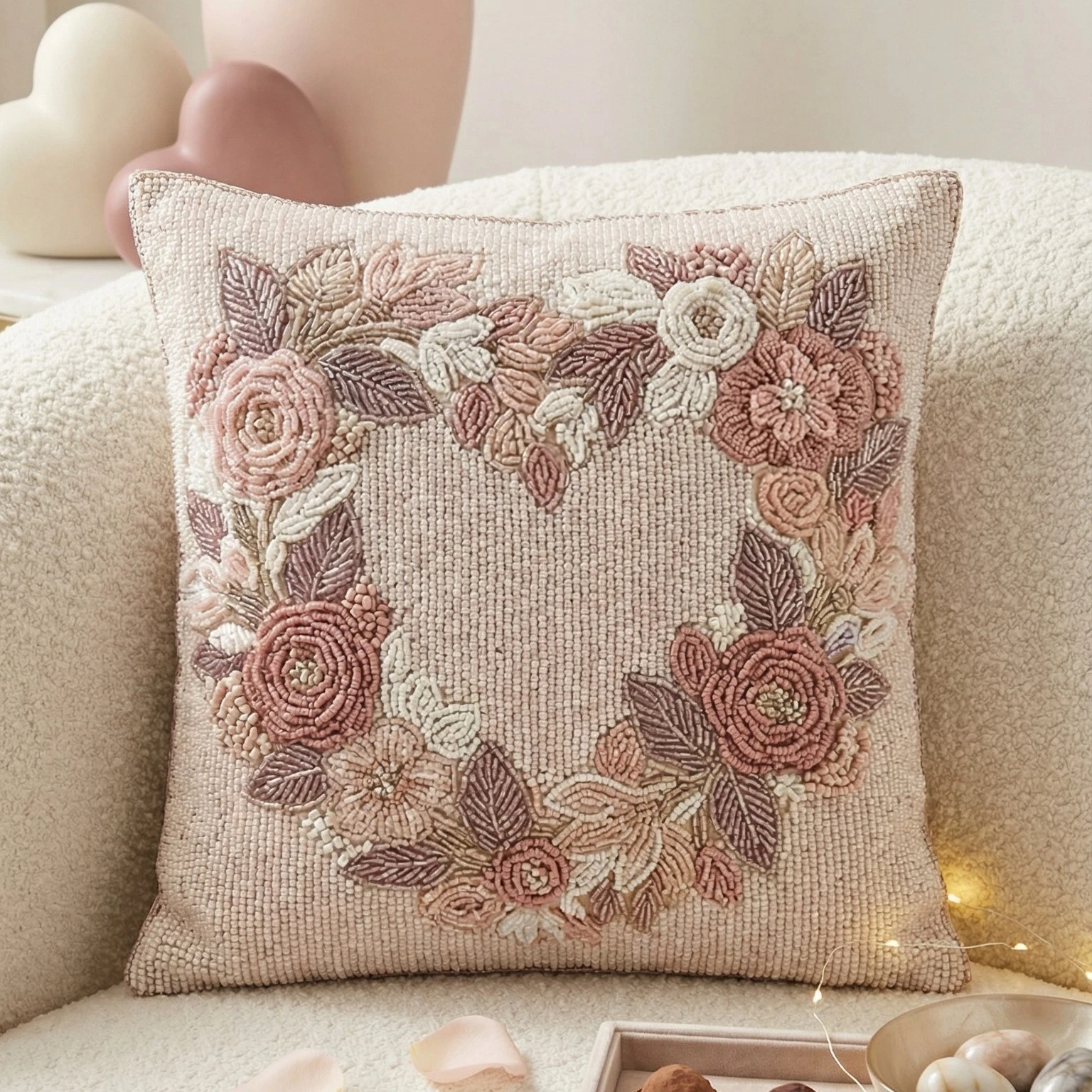 Hand-Beaded Floral Heart Throw Pillow Cover – Romantic Botanical Decor – Availab
Opens in a new wind